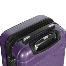 Load image into Gallery viewer, Angled top view of the purple suitcase. It features a grip handle and a telescopic handle. 
