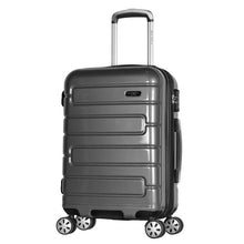 Load image into Gallery viewer, Angled front view of the black suitcase. with the telescopic handle. 

