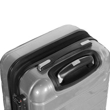Load image into Gallery viewer, Angled top view of the silver suitcase. It features a grip handle and a telescopic handle. 
