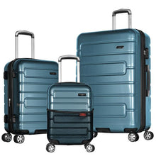 Load image into Gallery viewer, The teal carry-on, medium, and large suitcases arranged on a white background.
