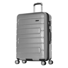 Load image into Gallery viewer, Angled front view of the silver colored suitcase.
