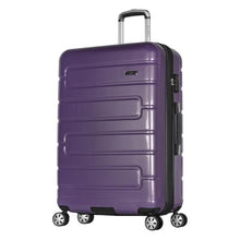 Load image into Gallery viewer, Angled front view of the purple suitcase.
