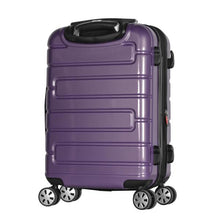 Load image into Gallery viewer, Angled back panel view of the purple suitcase.

