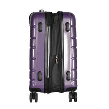 Load image into Gallery viewer, Side panel view of the purple suitcase. It features four stub legs to set it on the side. The expandable feature is unzipped.

