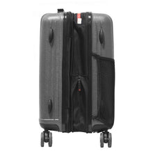 Load image into Gallery viewer,  Side panel view of the charcoal gray suitcase with the expandable feature unzipped. 
