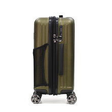 Load image into Gallery viewer, Olympia-Sidewinder-Expandable-Carry-On-Spinner-Luggage-18 Side panel view of the green suitcase. It features a three-digit combination TSA approved lock. 
