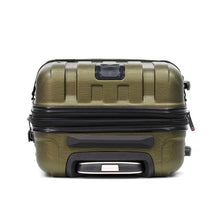 Load image into Gallery viewer, Top view of the olive green suitcase. I features a grip handle and a telescopic handle.
