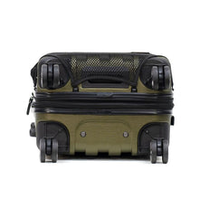 Load image into Gallery viewer, Bottom panel view of the olive green suitcase. It features four spinner wheels.
