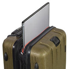 Load image into Gallery viewer, Angled top view of the olive green suitcase with a laptop peeking from the opened zipper compartment.
