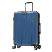 Load image into Gallery viewer, Angled front view of the medium navy blue suitcase
