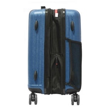 Load image into Gallery viewer, Side panel view of the navy blue suitcase with the expandable feature unzipped. 
