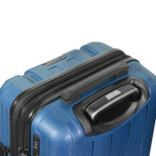 Load image into Gallery viewer, Angled top view of the navy blue suitcase. It features a grip handle and a telescopic handle. 
