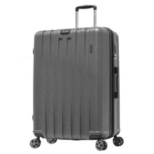 Load image into Gallery viewer, Angled front view of the charcoal gray hard shell suitcase.

