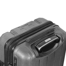 Load image into Gallery viewer, Angled top view of the charcoal gray suitcase. It features a grip handle, and a telescopic handle.
