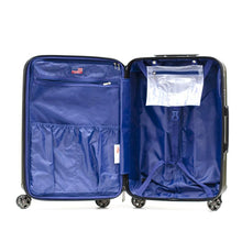Load image into Gallery viewer, Interior view of the olive green suitcase with royal blue lining. It features a zipper-closing panel divider with pockets, and adjustable straps.
