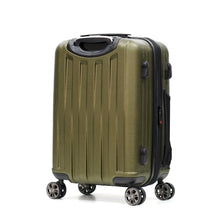 Load image into Gallery viewer, Angled back panel view of the carry-on olive green suitcase. 
