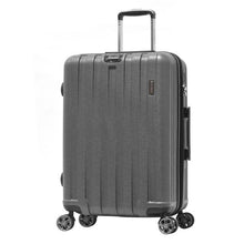 Load image into Gallery viewer, Angled front view of the charcoal gray suitcase. 
