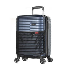 Load image into Gallery viewer, Angled front view of the navy blue carry-on suitcase.
