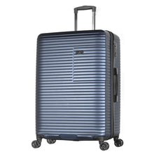 Load image into Gallery viewer, Angled front view of a navy blue suitcase with four spinner wheels. 
