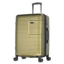 Load image into Gallery viewer, Angled front view of the olive green suitcase.
