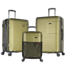Load image into Gallery viewer, The olive green carry-on, medium, and large suitcases arranged on a white background.
