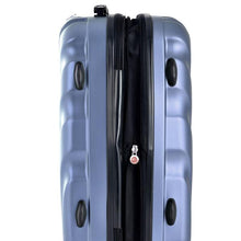 Load image into Gallery viewer, Side panel close up to the blue suitcase. It features four stub legs for the suitcase to stand. The expandable feature is unzipped.
