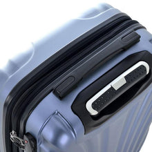 Load image into Gallery viewer, Angled top panel close up on the blue suitcase. It features a grab handle and a telescopic handle. 
