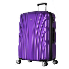 Load image into Gallery viewer, Angled front view of the purple hard shell suitcase with the telescopic handle extended.
