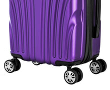 Load image into Gallery viewer, Angled close up to the four double spinner wheels on the suitcase.
