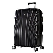Load image into Gallery viewer, Angled front view of the black hard shell suitcase. The telescopic handle is extended. 
