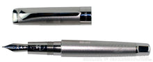 Load image into Gallery viewer, Front view of the pen with the cap next to it. There are engraved decorations and text on the nib, grip section, and cap ring. 
