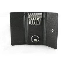Load image into Gallery viewer, Interior view of a black wallet with six key hooks and a key ring. 

