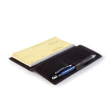 Load image into Gallery viewer, Interior view of the brown leather checkbook. 
