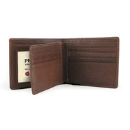 Interior view of the brandy leather wallet, featuring an extra page for credit cards.