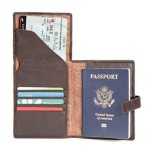 Load image into Gallery viewer, Interior view of the brown leather passport holder, with four credit cards and a flight ticket in the compartments.
