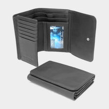 Load image into Gallery viewer, Interior and exterior views of two black leather wallets. 
