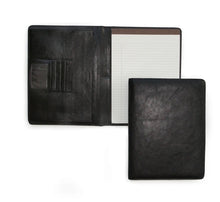 Load image into Gallery viewer, Interior and front exterior view of the black leather writing pad. 

