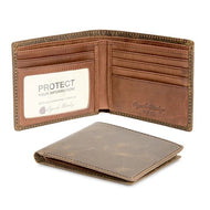 Interior and exterior view of two matching brown distressed leather wallets. 