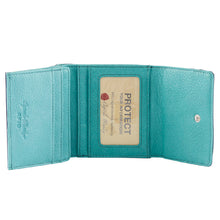 Load image into Gallery viewer, Interior view of the navy blue wallet with aqua interior. 
