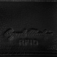 Load image into Gallery viewer, Close up to the Osgoode Marley RFID logo embossing on the black wallet. 
