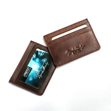 Load image into Gallery viewer, Front and back view of two matching brandy brown leather card cases
