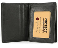 Interior view of the black flip fold wallet with ID window pocket.