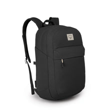 Load image into Gallery viewer, Angled front view of the black backpack with the shoulder straps extended.
