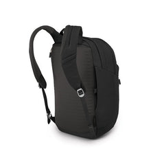 Load image into Gallery viewer, Angled back panel view of the black backpack with the shoulder straps extended. 

