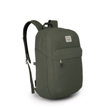 Load image into Gallery viewer, Angled front view of a green backpack. 
