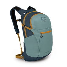Load image into Gallery viewer, Angled front view of the Oasis Dream Green backpack with orange accents. 
