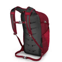 Load image into Gallery viewer, Angled back panel view of the cosmic red backpack, featuring adjustable shoulder, chest, and waist straps.
