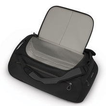 Load image into Gallery viewer, Interior view of the black duffle bag with light gray fabric lining.

