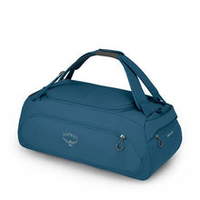 Load image into Gallery viewer, Angled side view of the wave blue duffle bag.

