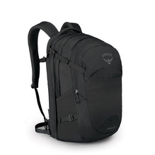 Load image into Gallery viewer, Angled front view of the black backpack.
